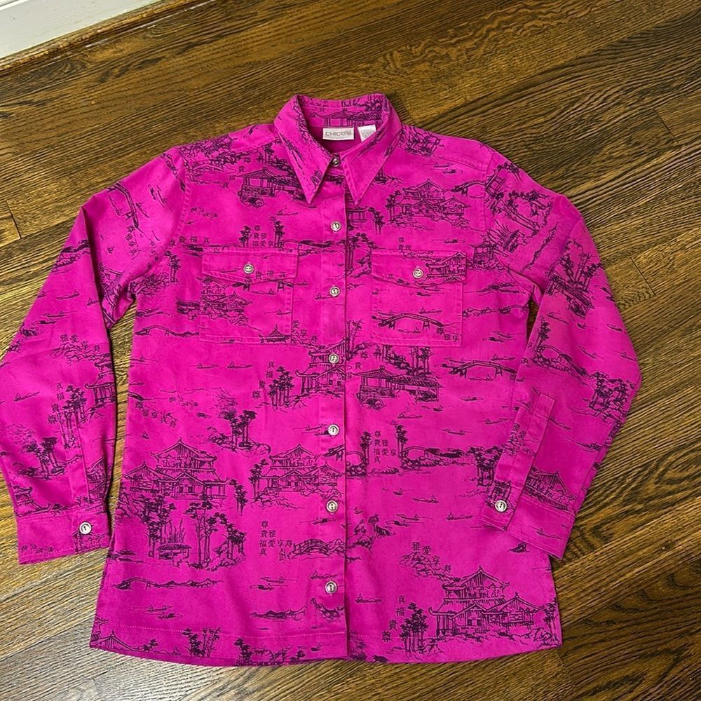 Chico’s Brushed Suede Raspberry Color Button Down Shirt - Size 0